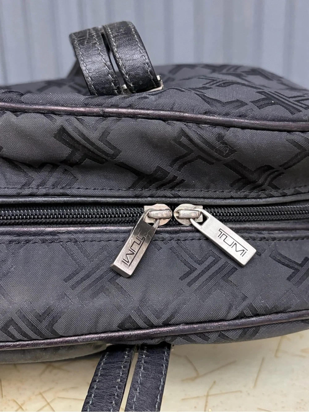TUMI Signature Monogram Laptop Computer Work Tote Bag Black, Leather Trim
